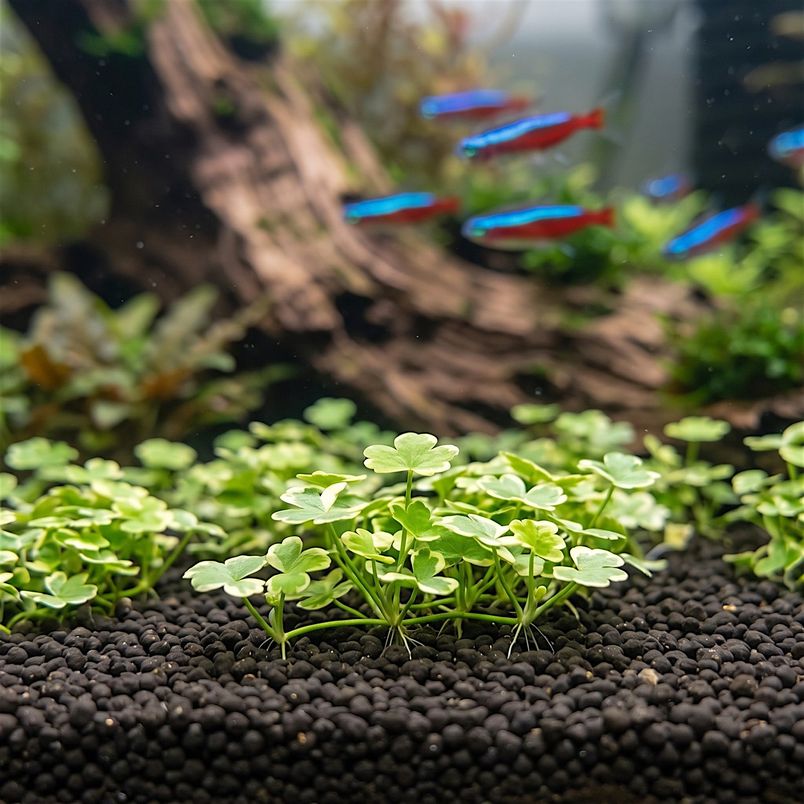 Close-up Hydrocotyle Tripartita Mini Variegated growing nicely in a planted aquarium.