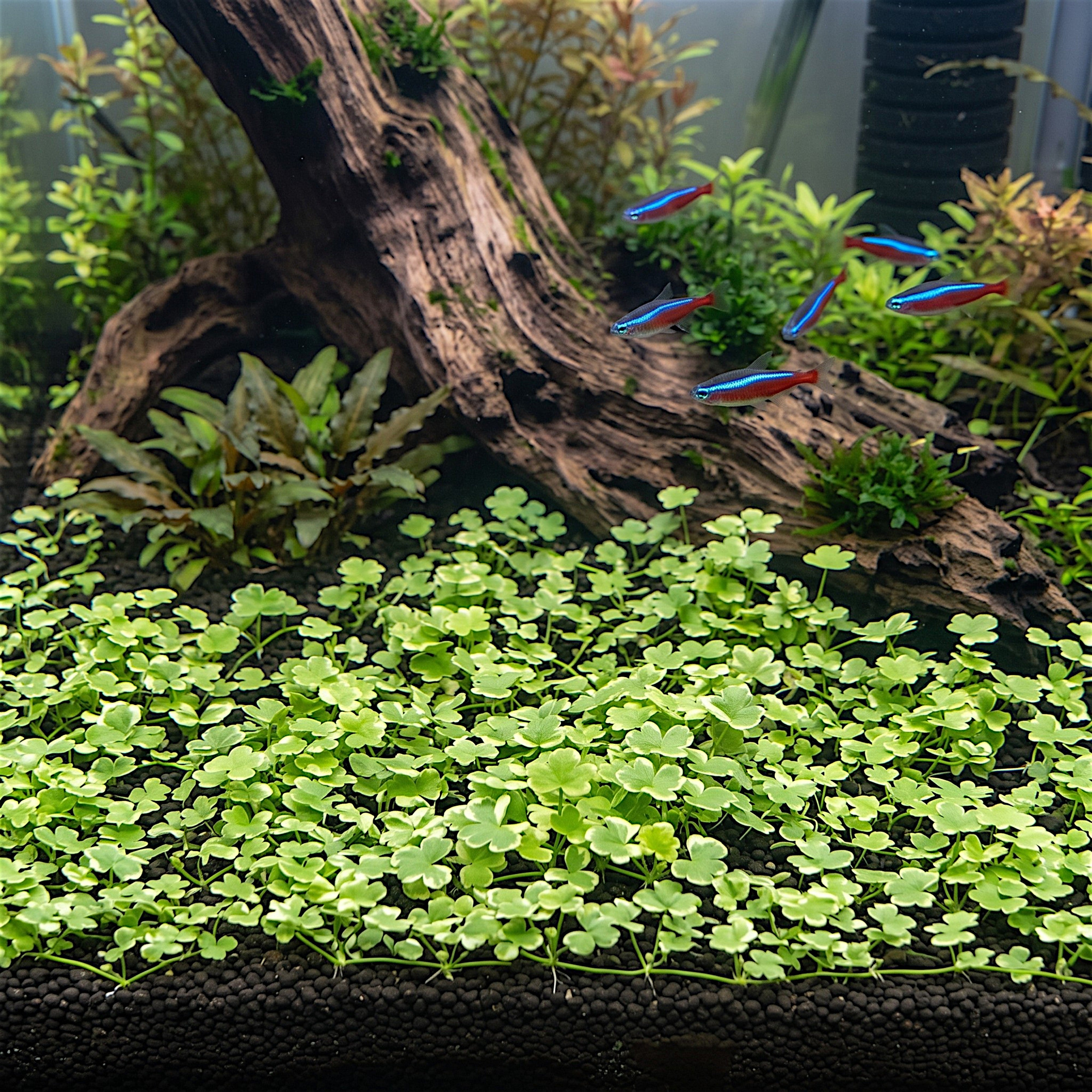 Lush foreground carpet of Hydrocotyle Tripartita Mini Variegated in a planted freshwater aquarium.