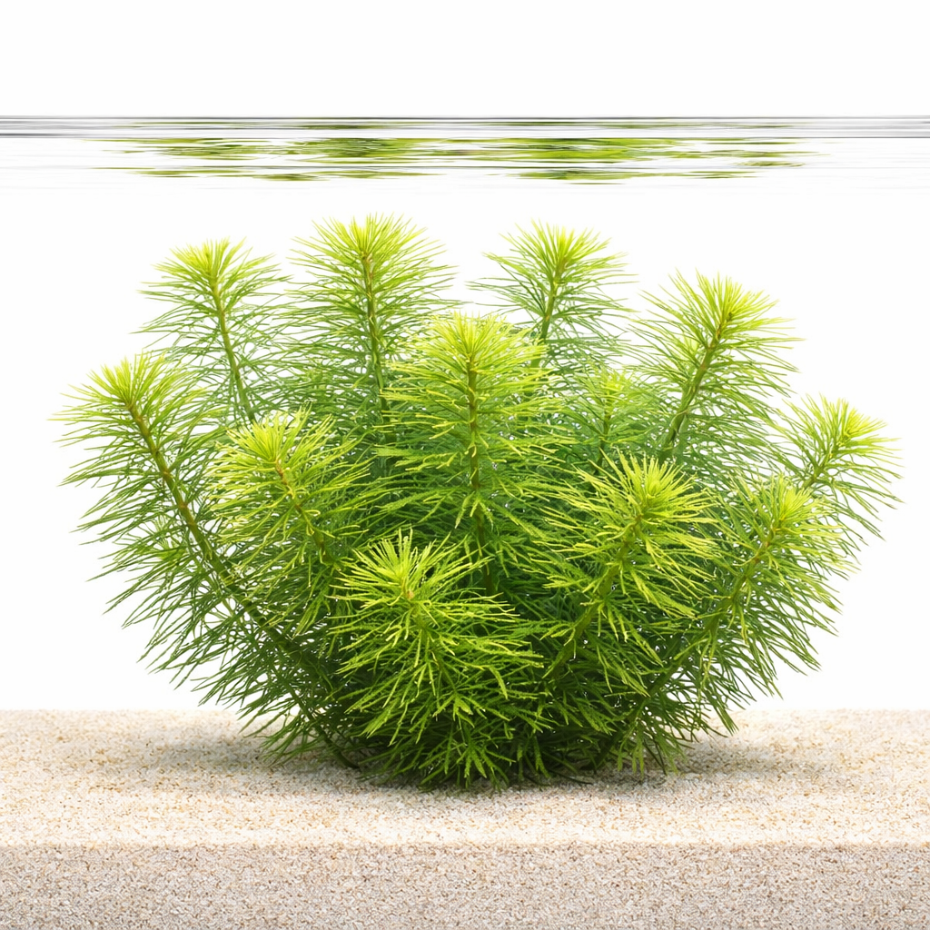 Hydrotriche hottoniiflora featuring bright green needle-like leaves arranged in delicate whorls for a soft aquascape texture.