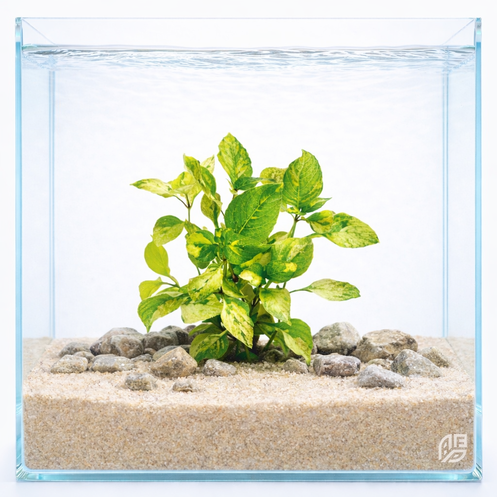 A tall cluster of variegated Hygrophila corymbosa planted in the background of a freshwater aquarium, featuring bright green leaves with high-contrast white patterns.