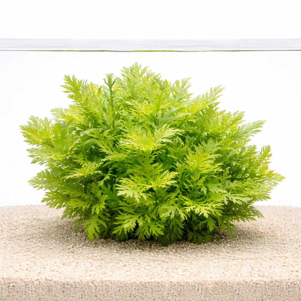 Hygrophila difformis Water Wisteria aquarium plant with feathery green leaves growing in sand substrate with waterline reflection on white background