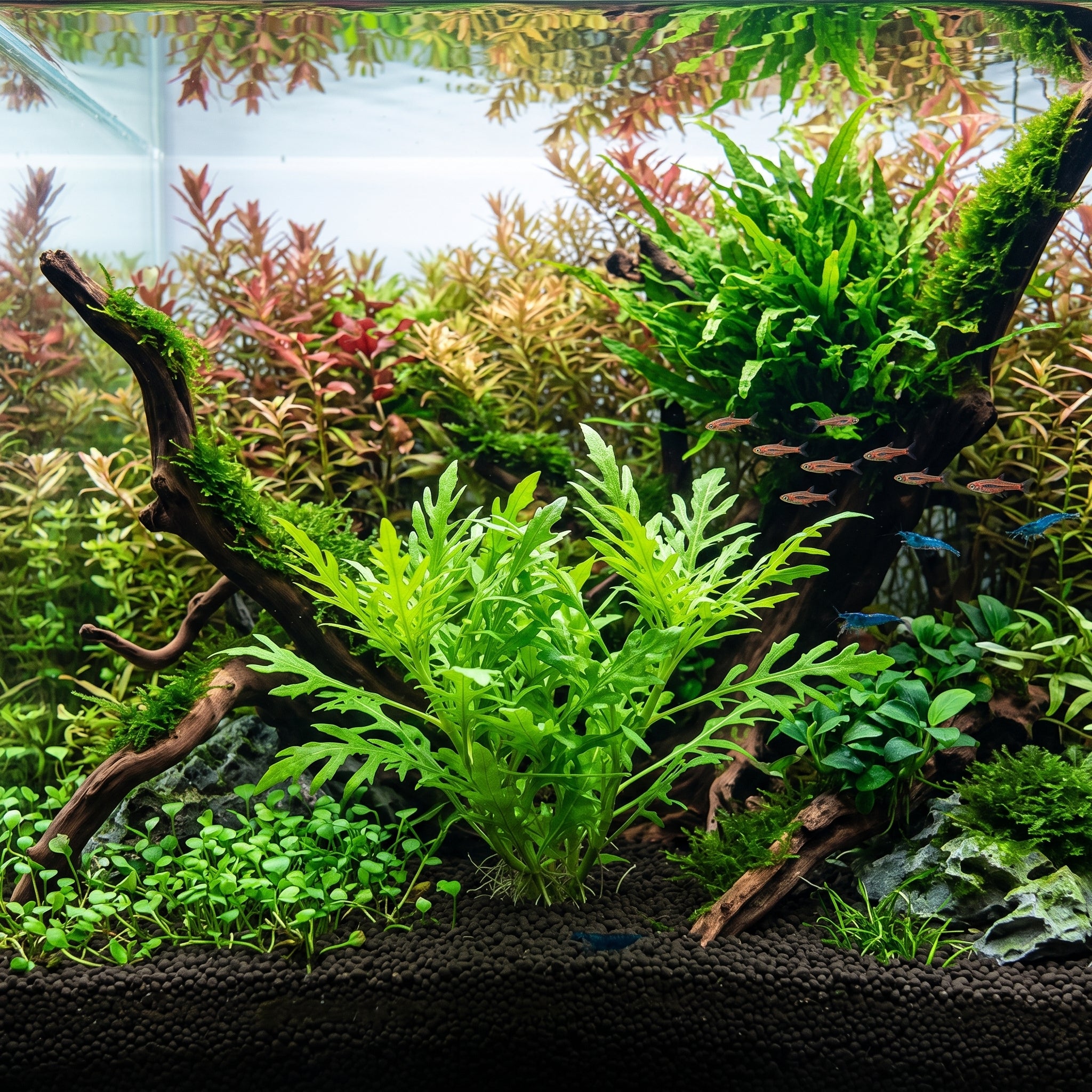Hygrophila Odora planted in an aquarium midground, showcasing its vibrant green, finely cut foliage.