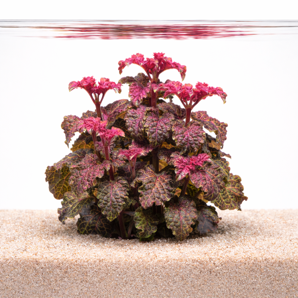 Hyptis lorentziana purple mint aquarium plant with textured purple and green leaves growing in sand substrate under water.