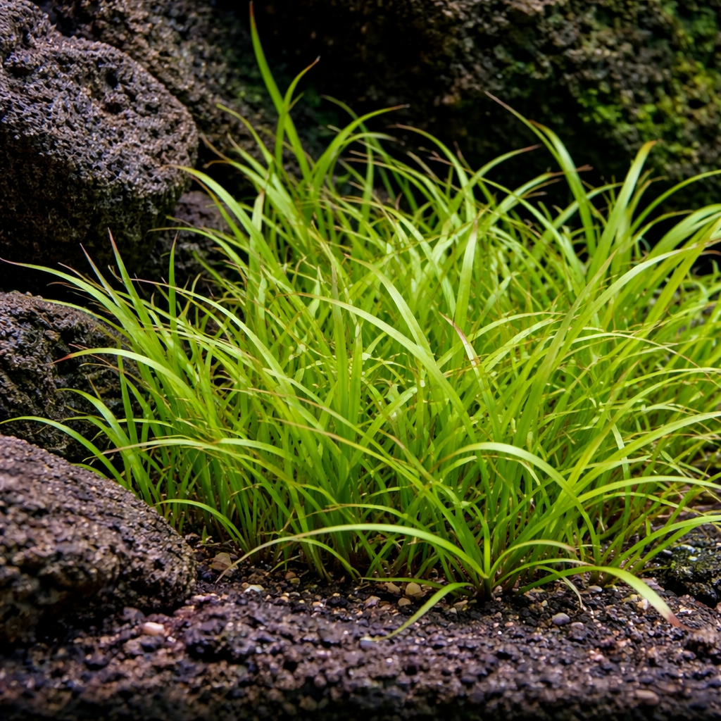 Green Juncus Repens (Creeping Rush) submerged in a low-light aquarium setting, showing lush grass-like foliage between dark lava rocks.