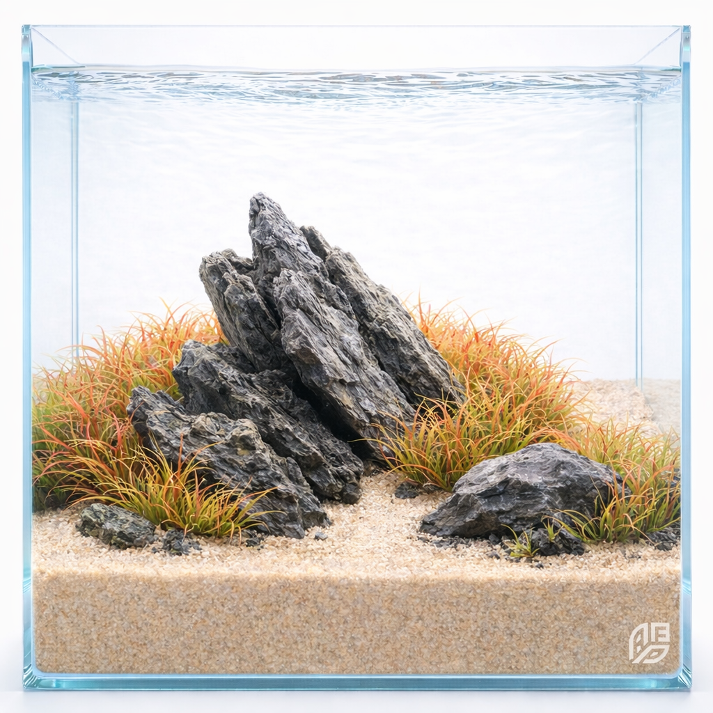 Submerged Juncus Repens showing vibrant red and orange needle-like leaves in a high-light freshwater aquascape.