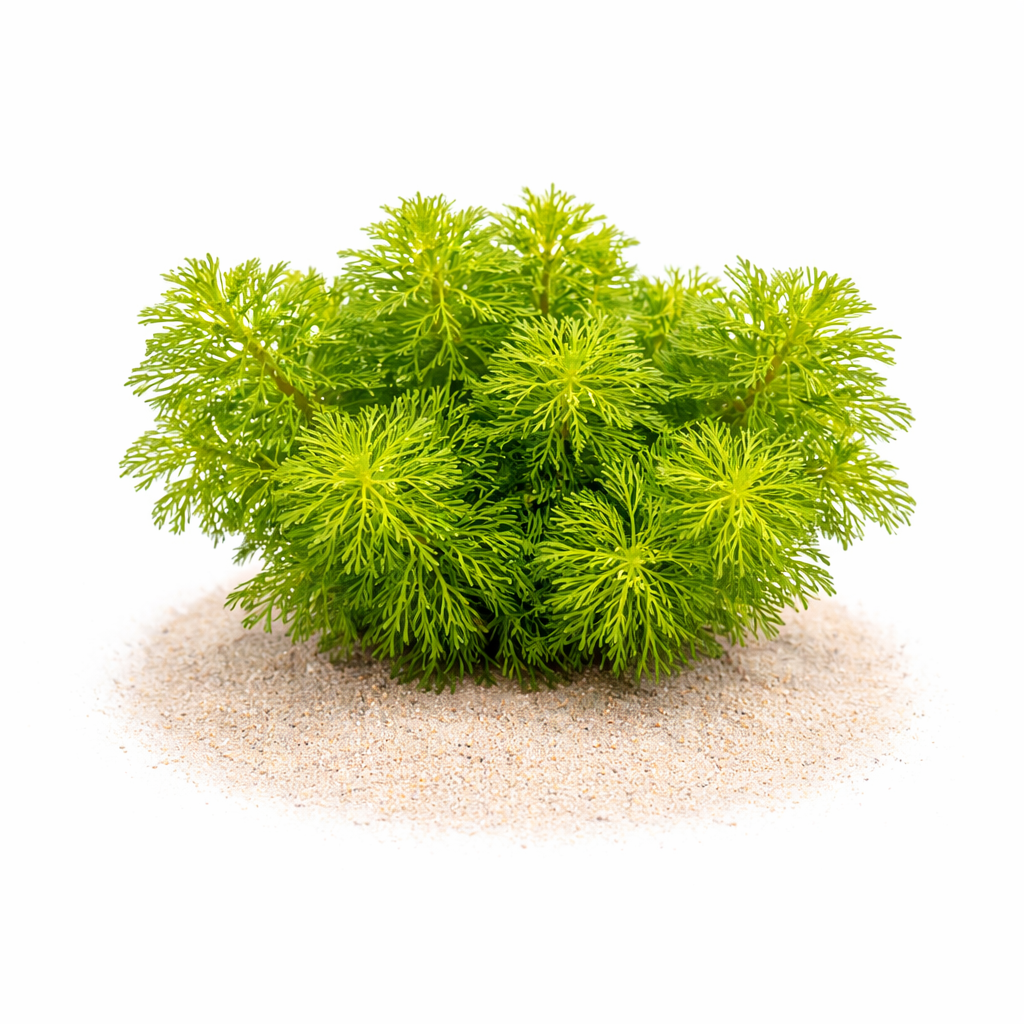 Limnophila heterophylla aquarium plant with fine, feathery green foliage on white background