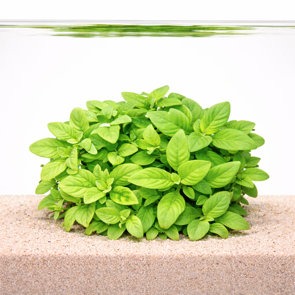 Limnophila rugosa basil-leaf aquarium plant growing in substrate with bright green oval leaves
