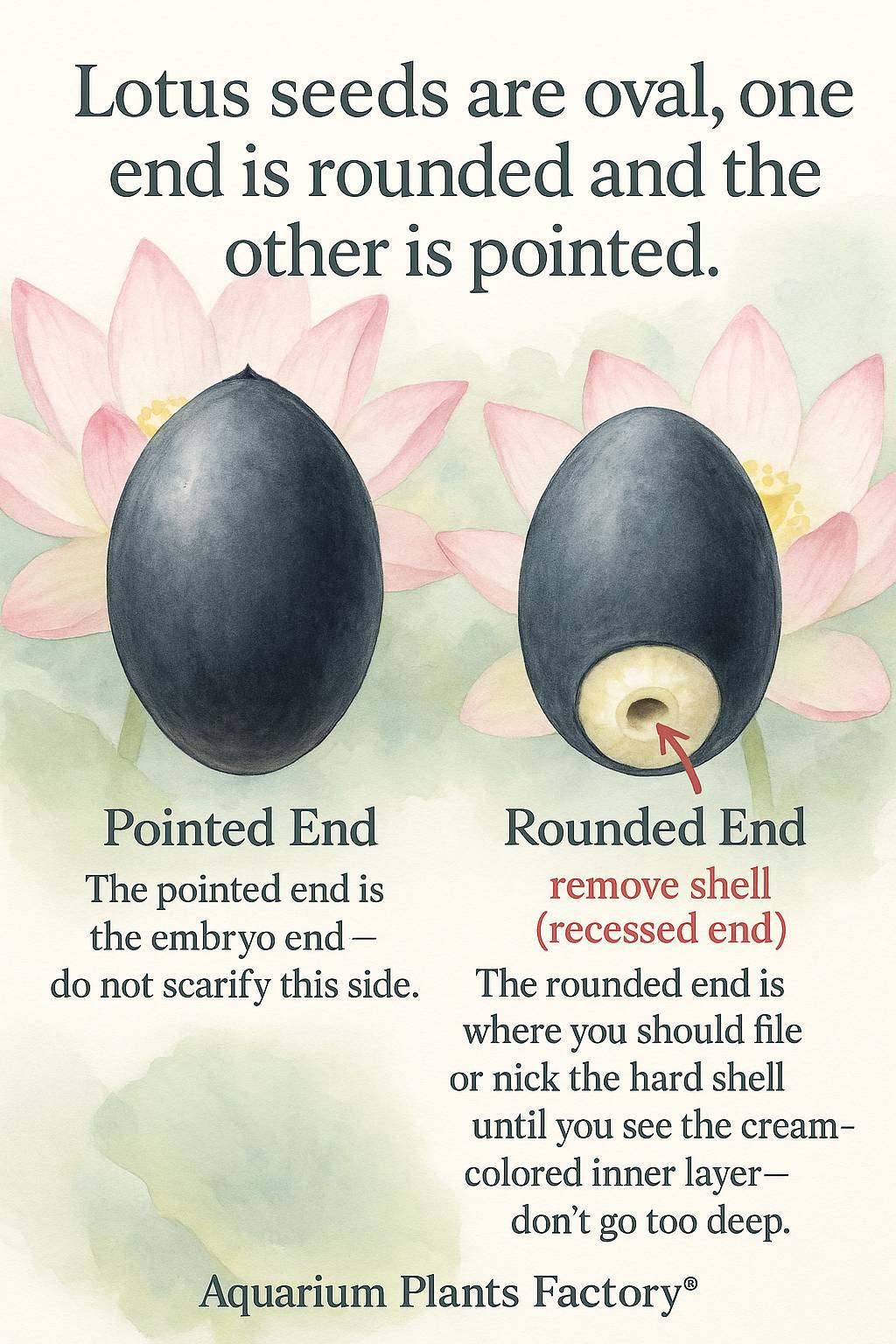 Lotus seeds are oval with one pointed end and one rounded end.
Do not file the pointed (embryo) end.
Instead, gently file the rounded end until you see the white inner layer.
This helps water enter the seed and encourages germination.