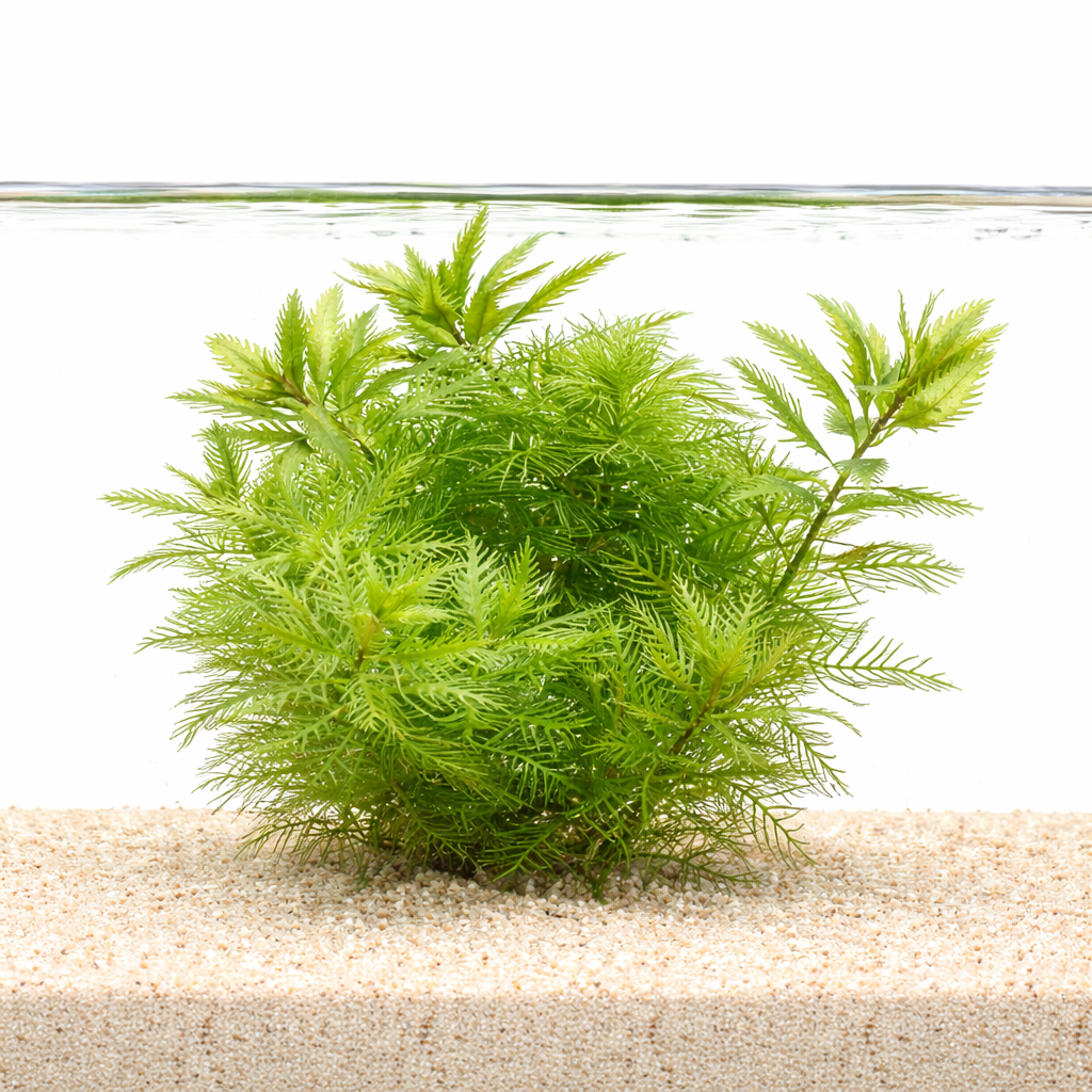 Proserpinaca palustris Mermaid Weed aquarium stem plant with fine serrated green leaves growing in sandy substrate underwater on a white background.