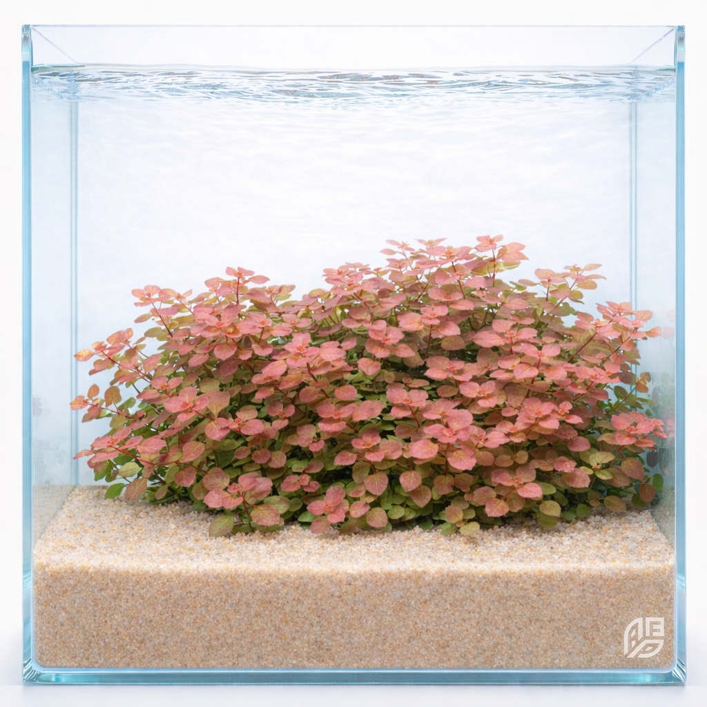 ubmerged Ludwigia ovalis 'Pink' showing vibrant apricot and rose-colored round leaves in a high-tech aquascape.