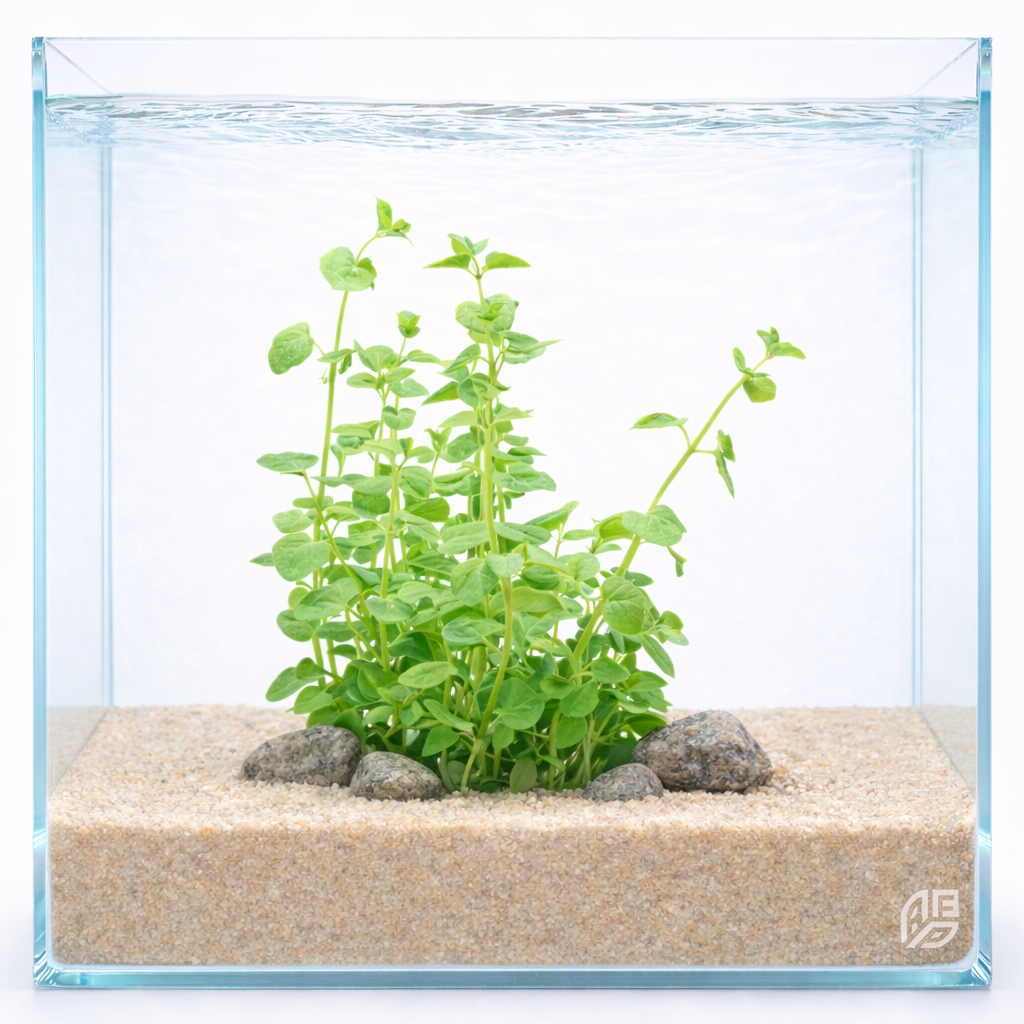 Mint Creeping Charlie (Clinopodium brownei) aquarium plant growing in a clear aquascape tank with sandy substrate and rocks, bright green creeping stems ideal for planted aquariums