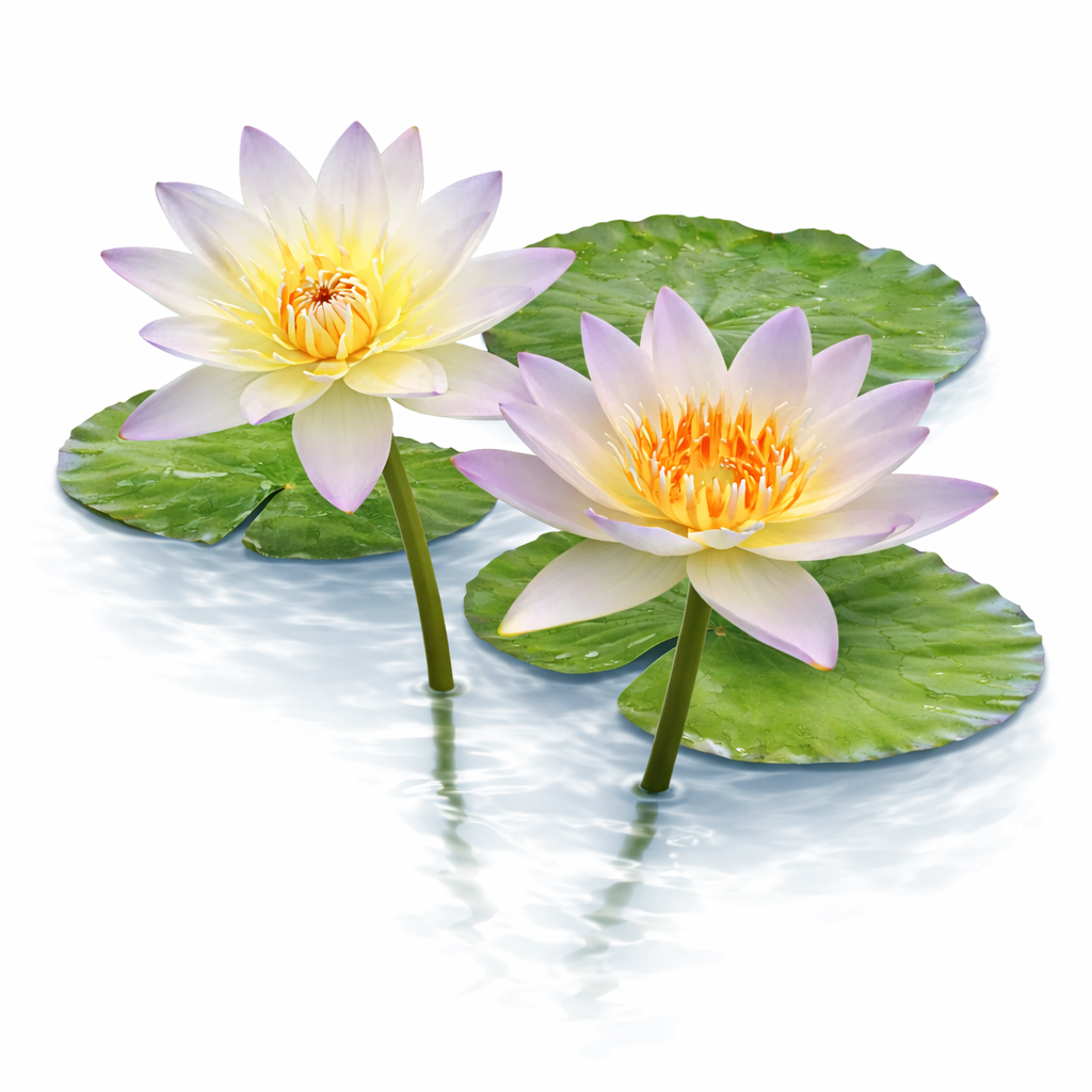 Nymphaea Moonbeam tropical water lily featuring pale blue petals and a yellow center floating on calm pond water