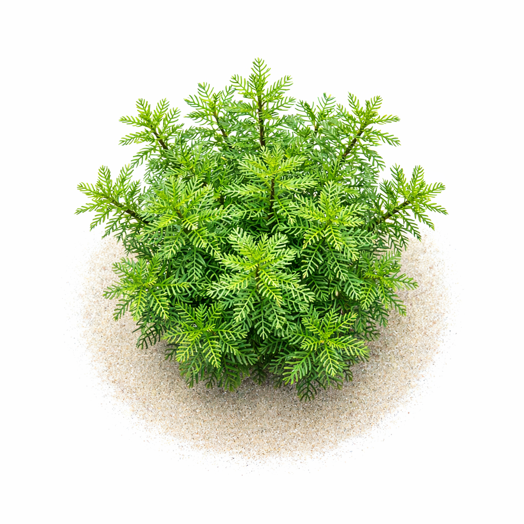 Emerged Myriophyllum mattogrossense showing robust green stems and serrated leaves before aquarium transition.