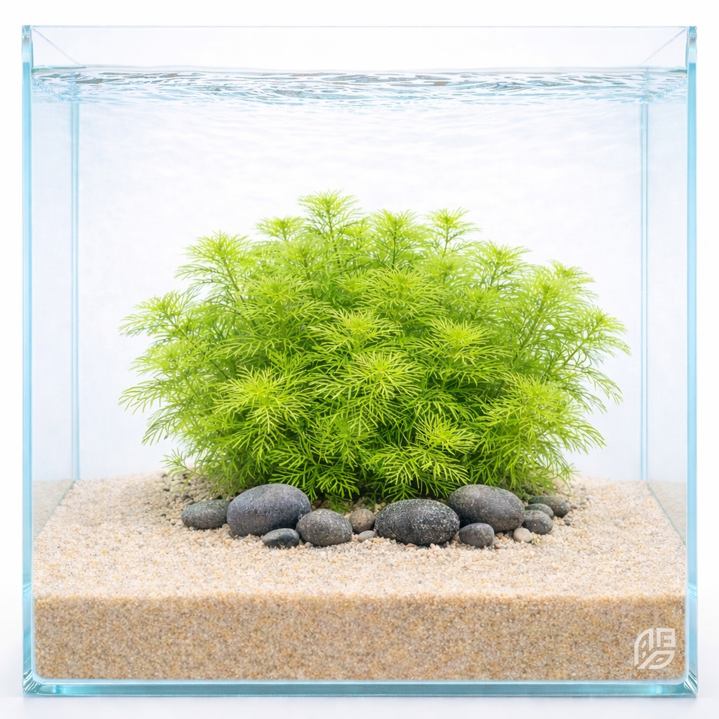 A lush, vibrant green background of Myriophyllum mattogrossense in a professional APF aquascape layout.
