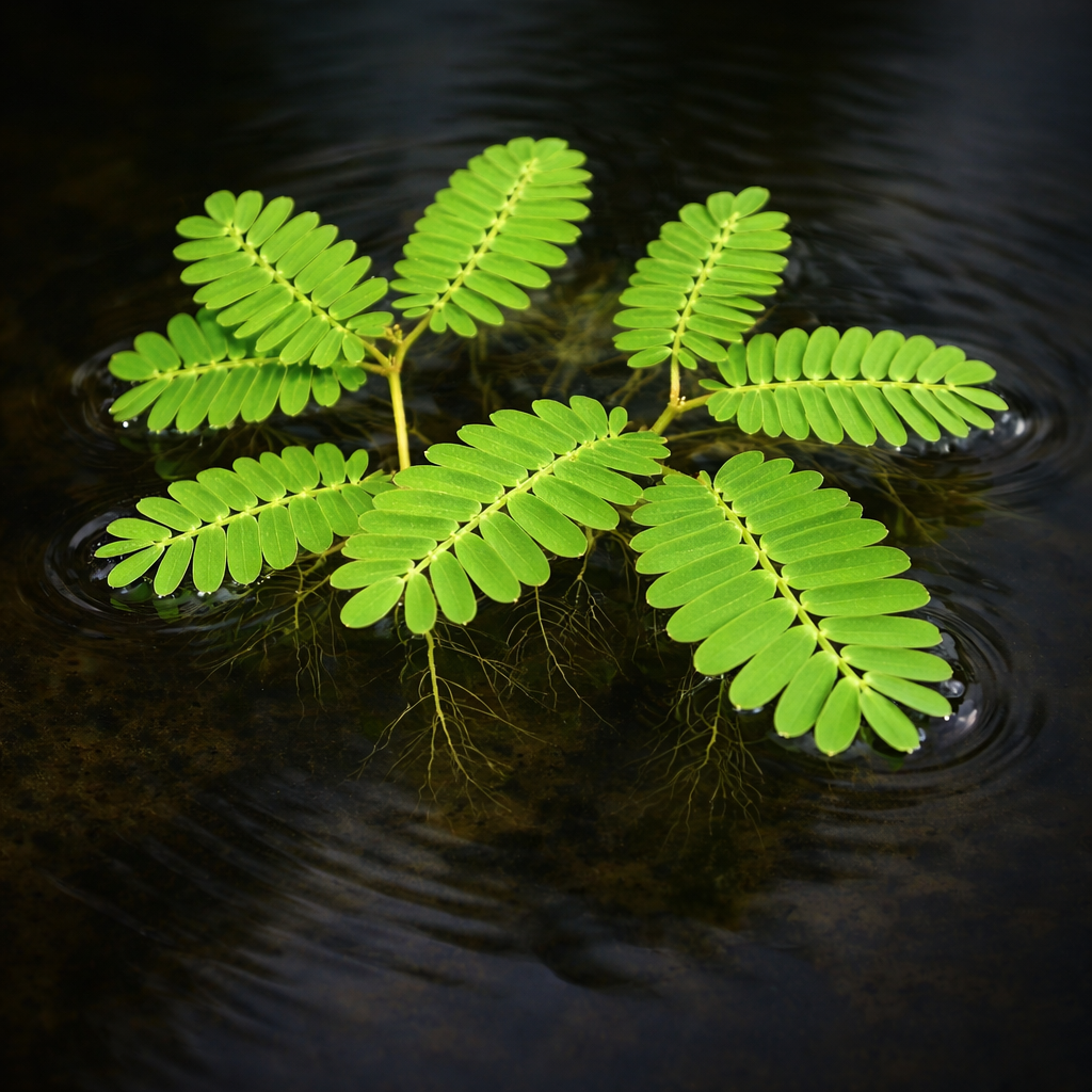 Water Mimosa (Neptunia oleracea), a unique floating aquarium plant with delicate fern-like leaves that close when touched. Perfect for ponds and freshwater aquariums.