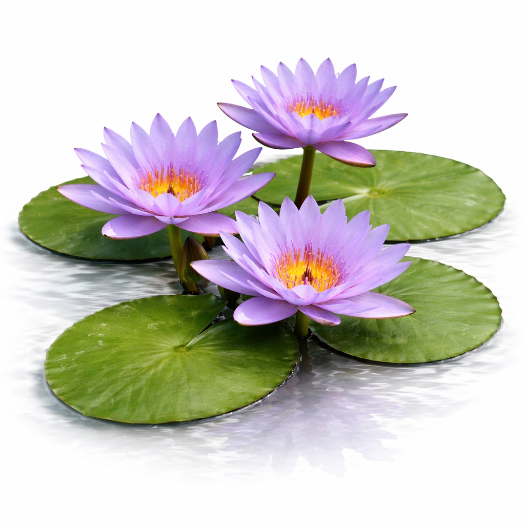 Three blooming Nymphaea August Koch tropical water lilies with vibrant lavender-blue petals and bright yellow centers floating on green lily pads.