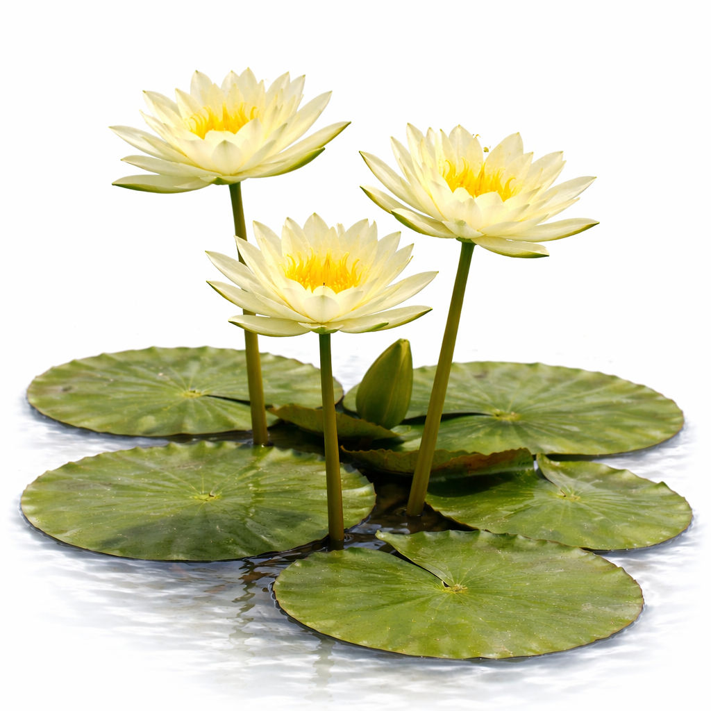 Close-up of Nymphaea Charlene Strawn hardy water lily showing pale yellow petals and bright yellow center