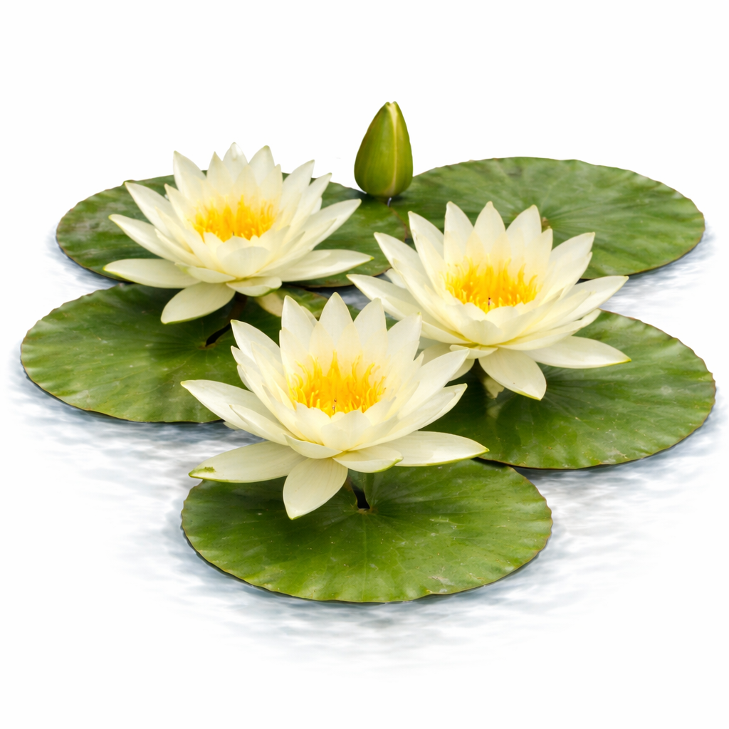 Yellow hardy water lily Nymphaea Charlene Strawn with soft yellow blooms floating above green lily padsn
