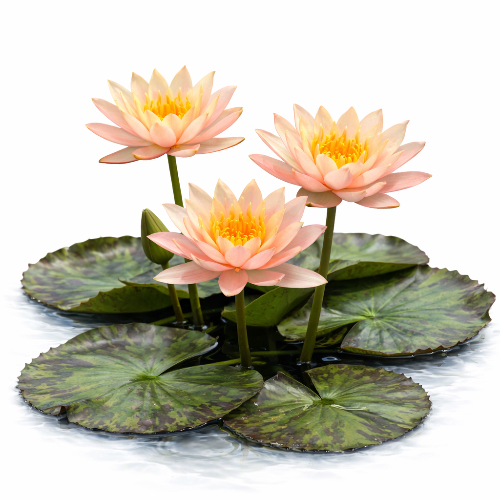 Three peach and salmon colored Nymphaea Colorado hardy water lily blooms with a small bud on mottled green lily pads.