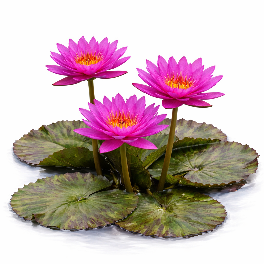 Three vibrant pink Nymphaea Evelyn Randig tropical water lily blossoms with yellow centers blooming above purple-mottled green lily pads on a white background.
