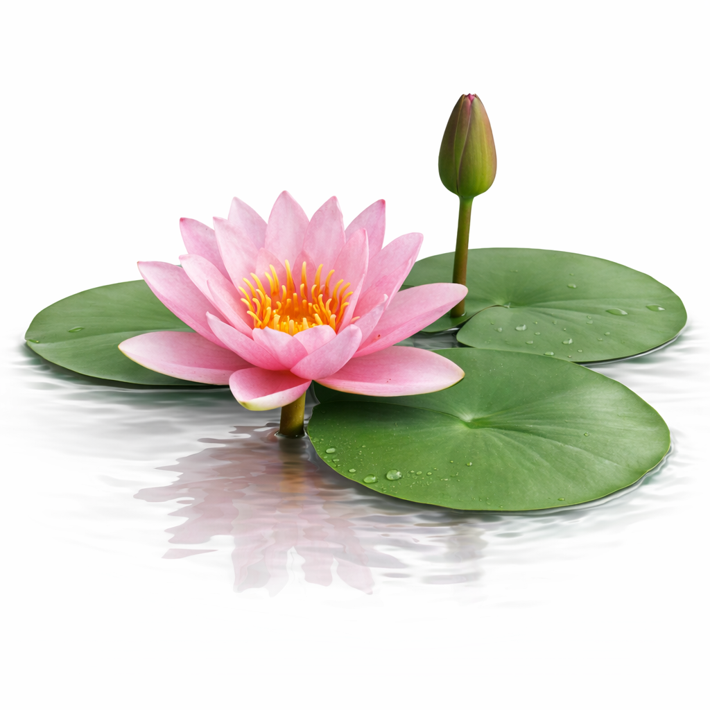 Nymphaea Fabiola hardy water lily featuring a multi-petaled pink blossom with a yellow center, floating among green lily pads in a pond