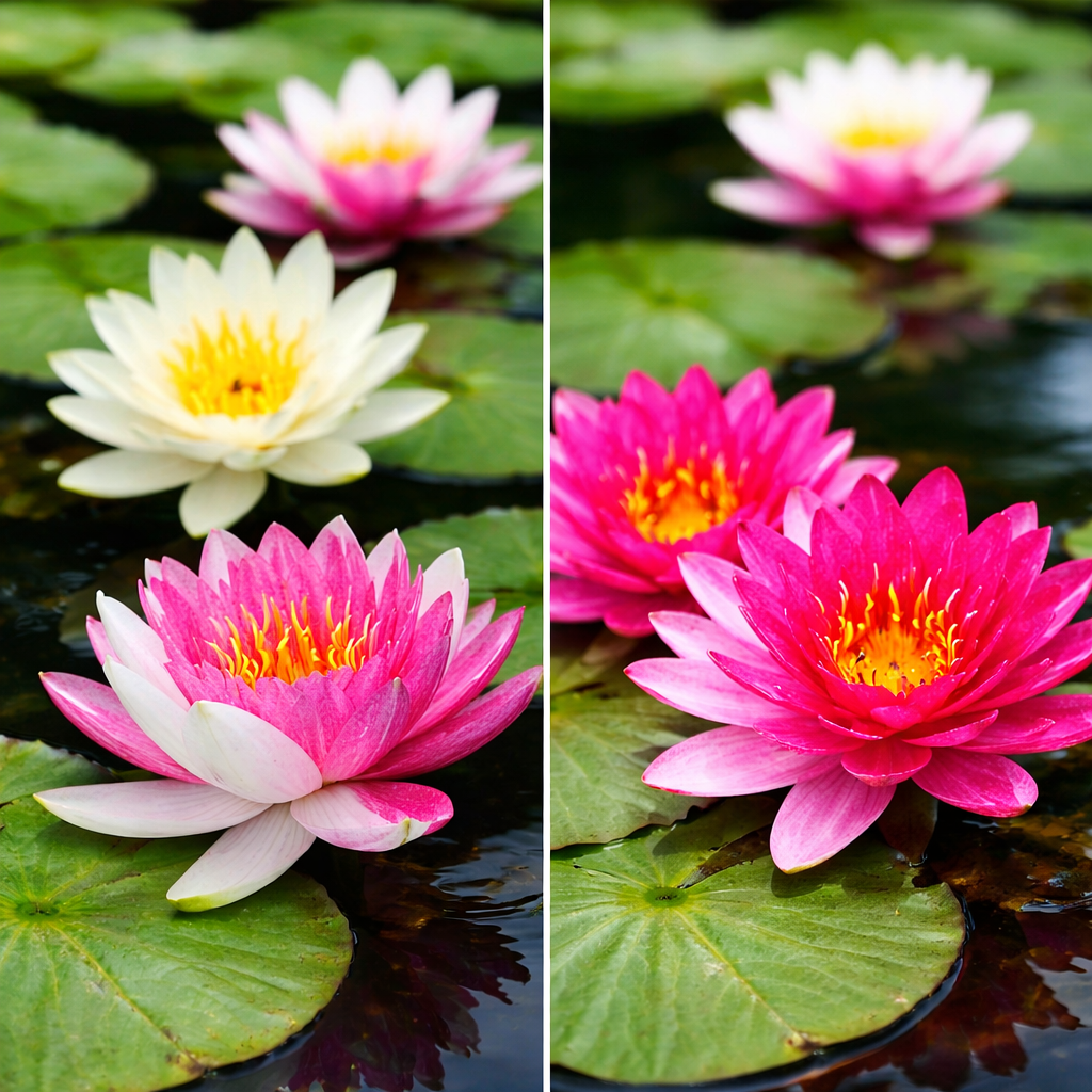 Collage of Nymphaea Jakkaphong hardy water lilies showcasing color variations from solid deep fuchsia to bi-color pink and white blooms on green lily pads.