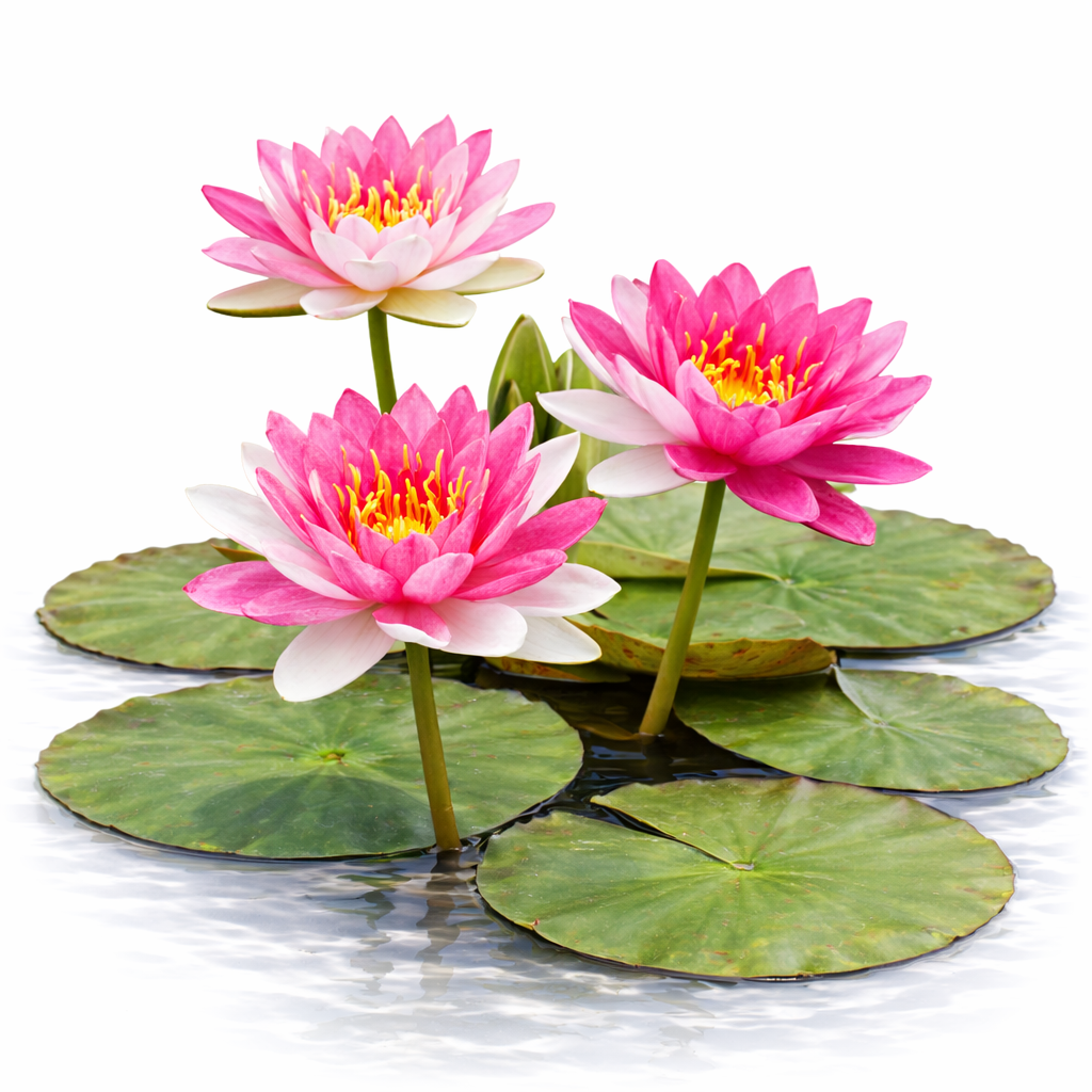 Three vibrant pink and white variegated Nymphaea Jakkaphong water lily blossoms with yellow centers on green mottled pads.