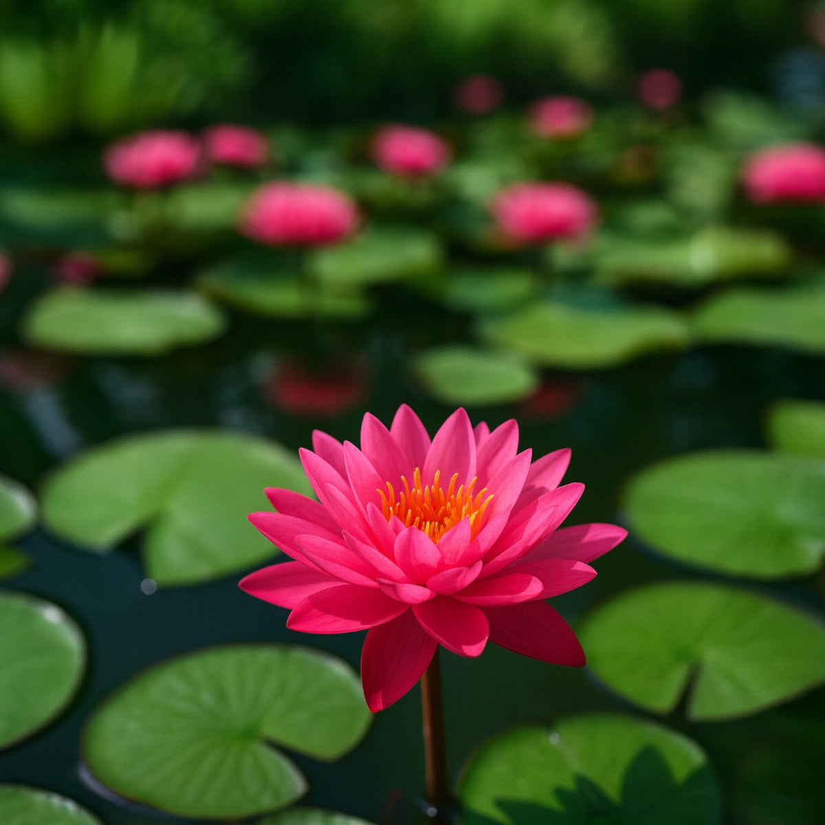 Close-up of fragrant pink Nymphaea Mayla flower floating in pond