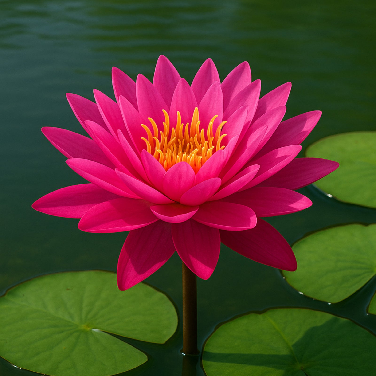 Nymphaea Mayla hardy waterlily with vibrant magenta blooms and green lily pads