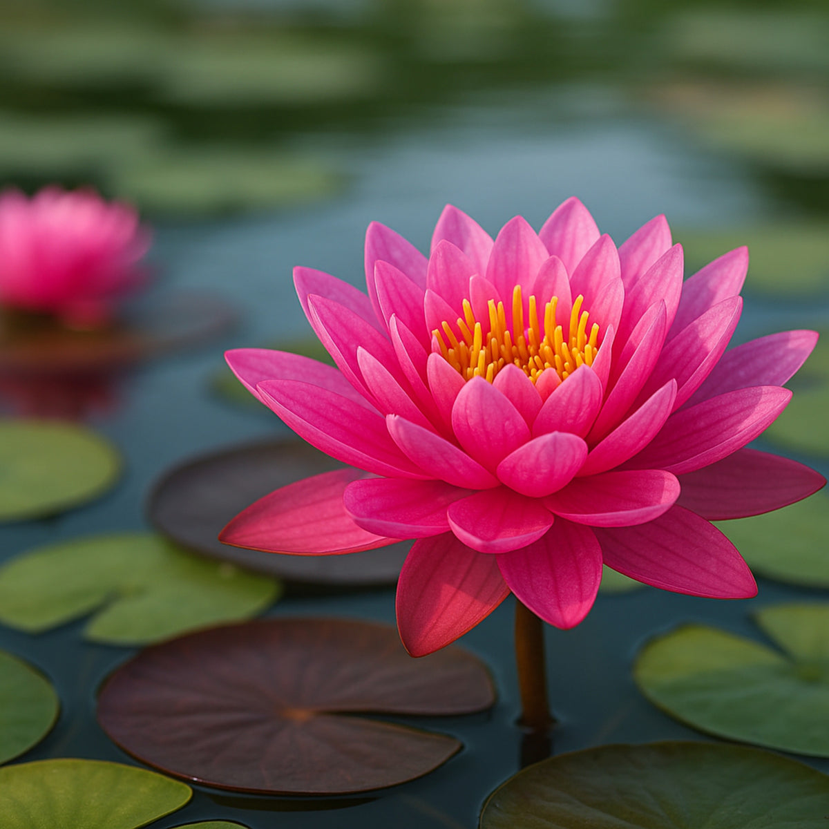 Close-up of Nymphaea ‘Perry’s Fire Opal’ hardy fuchsia-pink water lily blooming in a pond