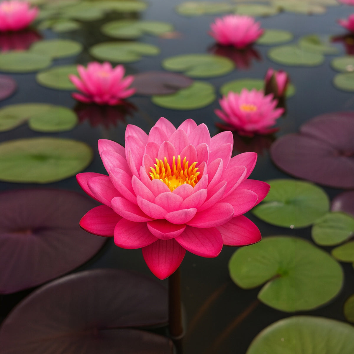 Perry’s Fire Opal water lily with layered pink petals and yellow center on green lily pads