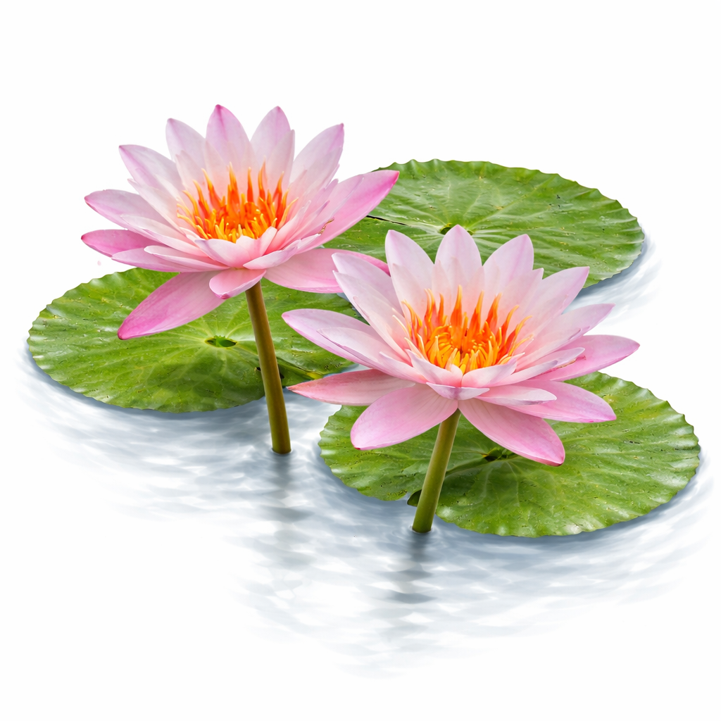 Pink hardy water lily Nymphaea Pimkan with vibrant pink blooms and green lily pads floating in a pond