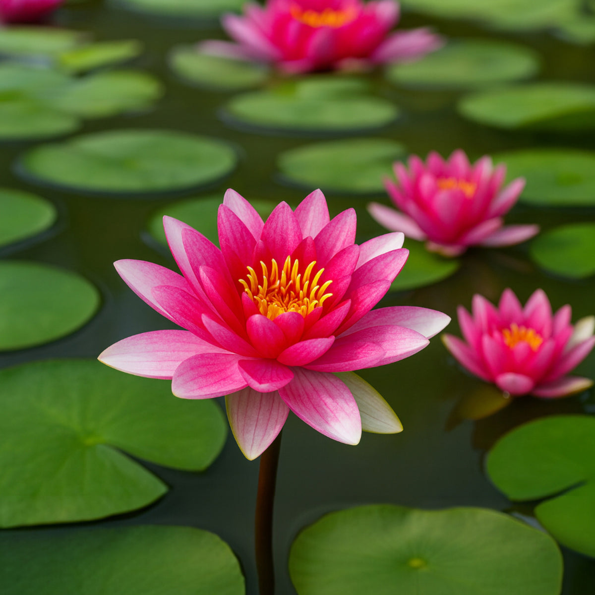 Close-up of deep red Ploydaeng water lily with golden-yellow center and glossy petals.