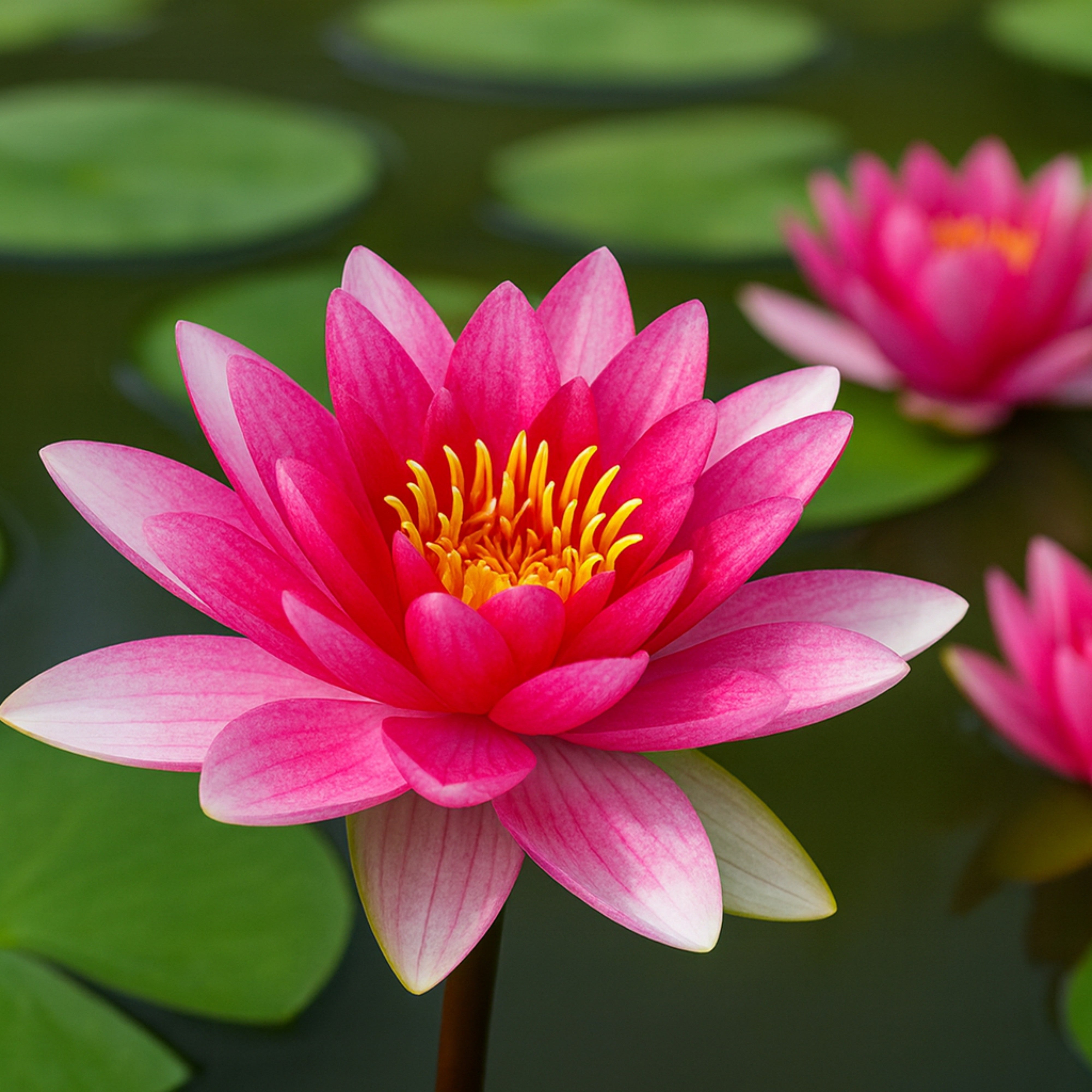 Nymphaea ‘Ploydaeng’ hardy red water lily blooming in a pond with green lily pads.