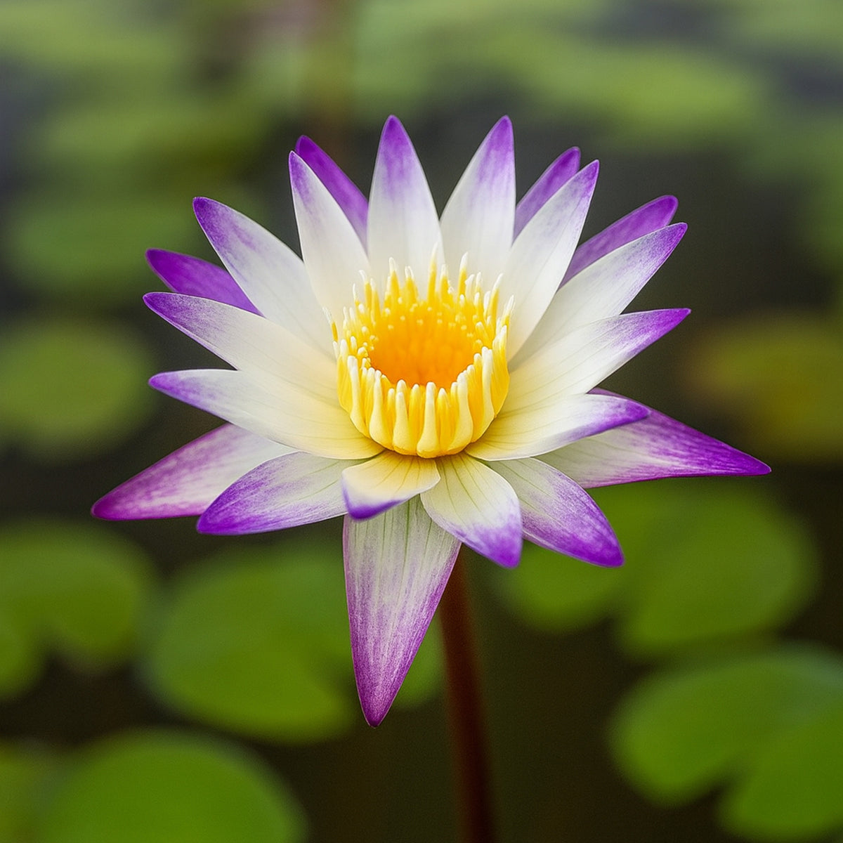 Close-up of Nymphaea ‘Purple Joy’ tropical water lily with white and purple petals