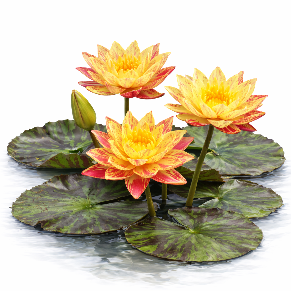 Three exotic Nymphaea Siam Fantasy water lily blooms featuring marbled yellow petals with vibrant red streaks floating above maroon-mottled green lily pads.