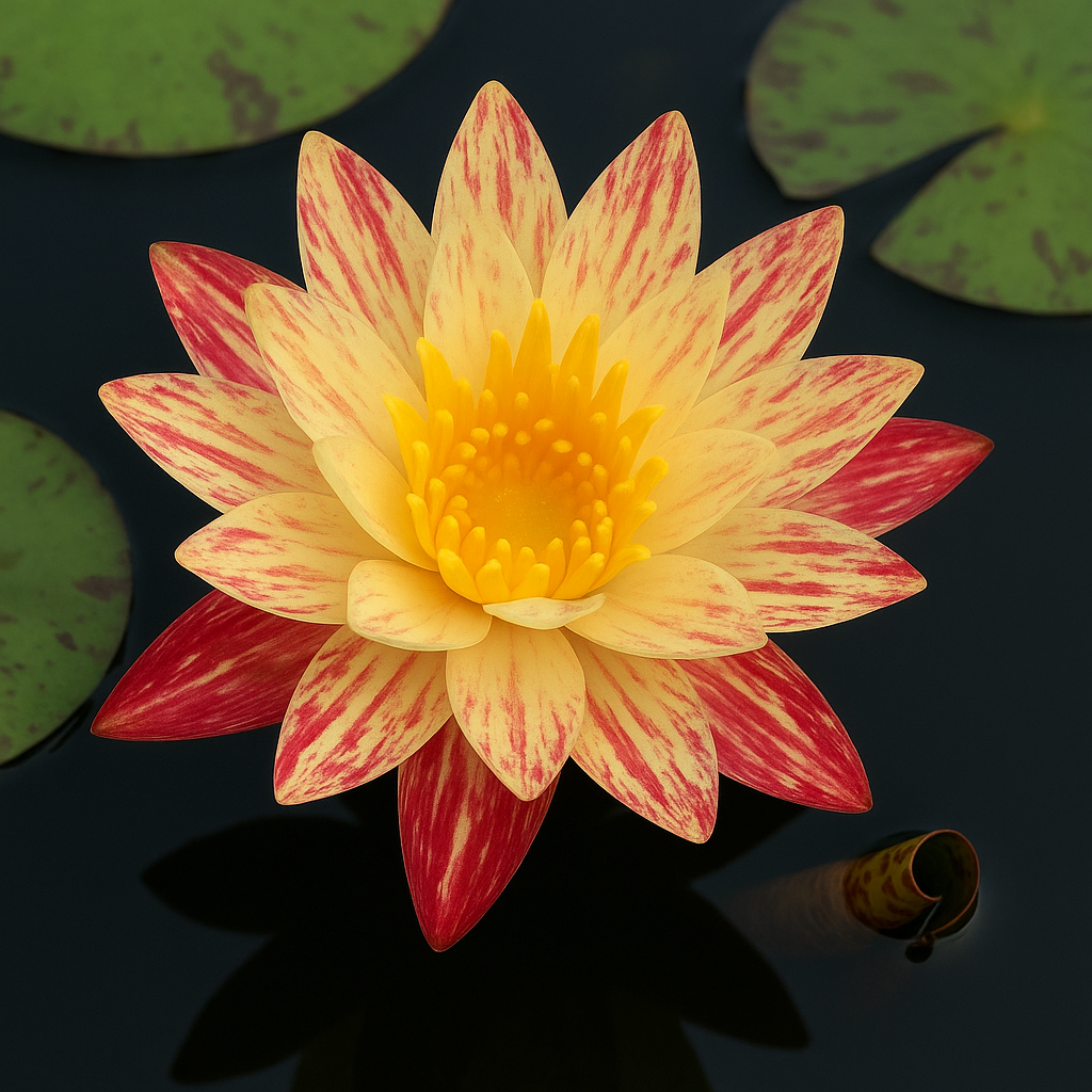 Nymphaea Siam Fantasy water lily blooming with yellow and red marbled petals