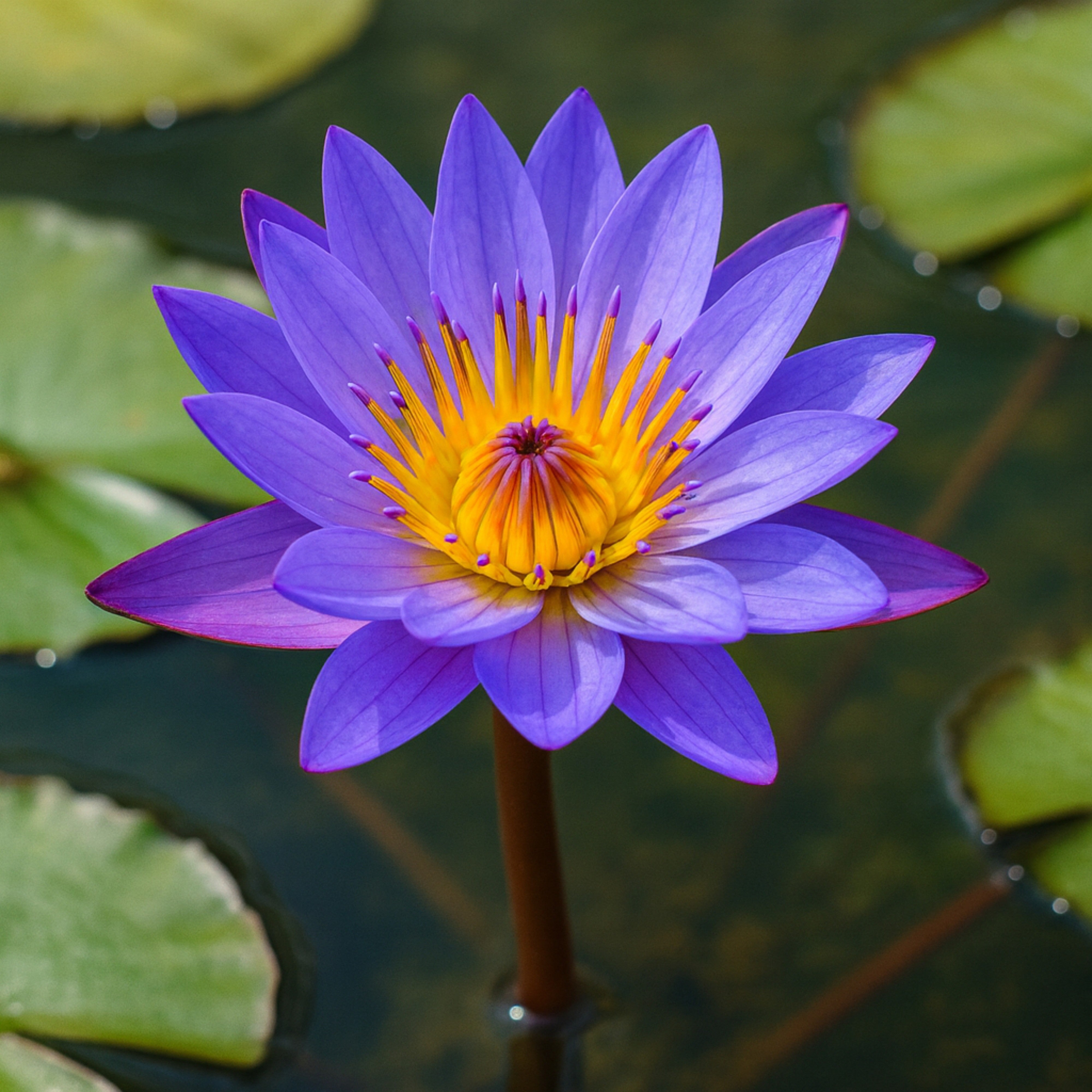 Close-up of Nymphaea Tina waterlily with vibrant violet-purple petals and golden-yellow center blooming above green lily pads in a pond.