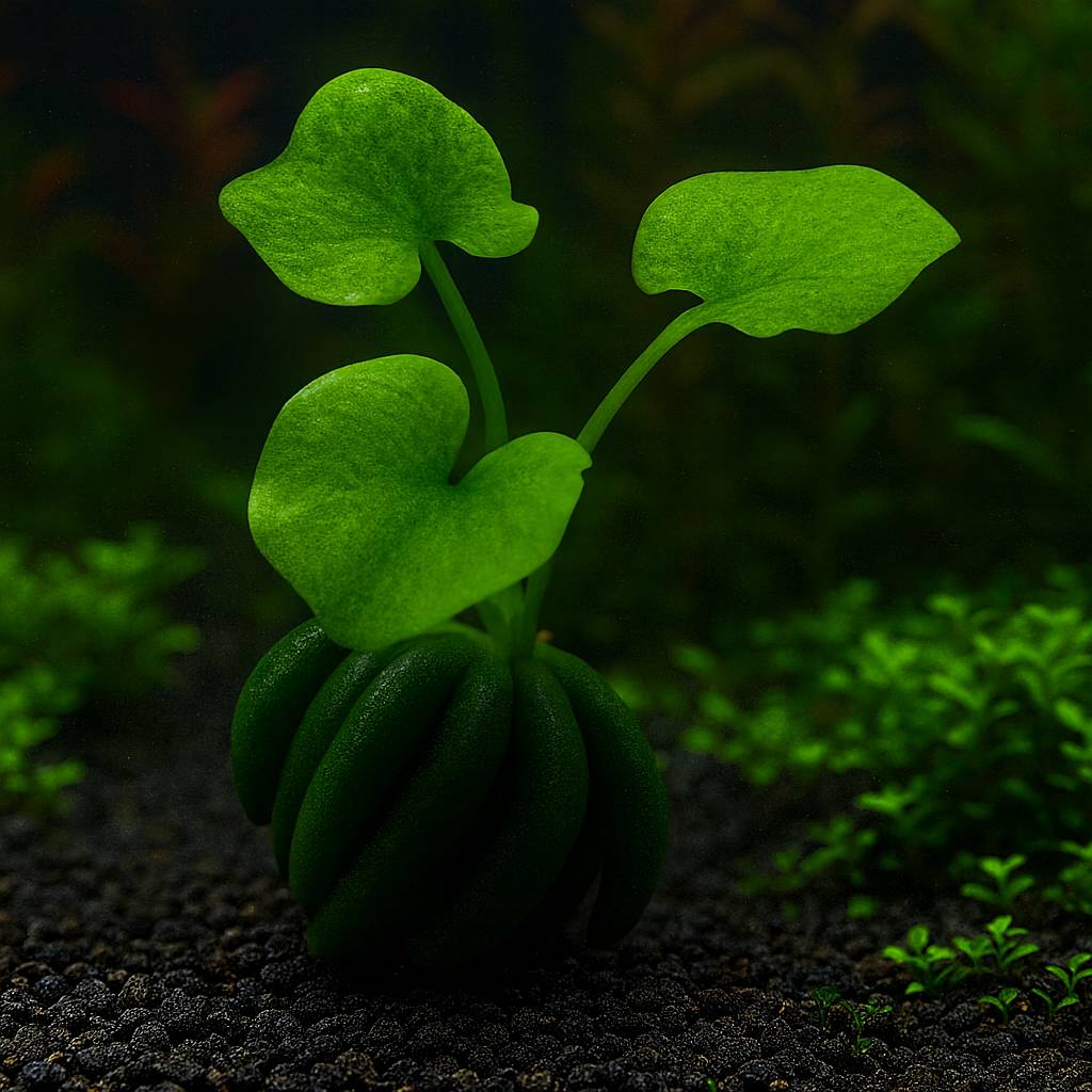 Close-up of a Banana Plant (Nymphoides aquatica) in a freshwater aquarium, showing three bright green, heart-shaped leaves growing from a cluster of banana-shaped tubers on dark gravel substrate, with soft green aquatic plants in the background