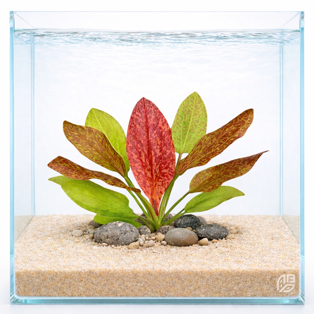 Echinodorus Red Flame Sword plant featuring large submerged green leaves with intense dark red spots for aquarium centerpieces