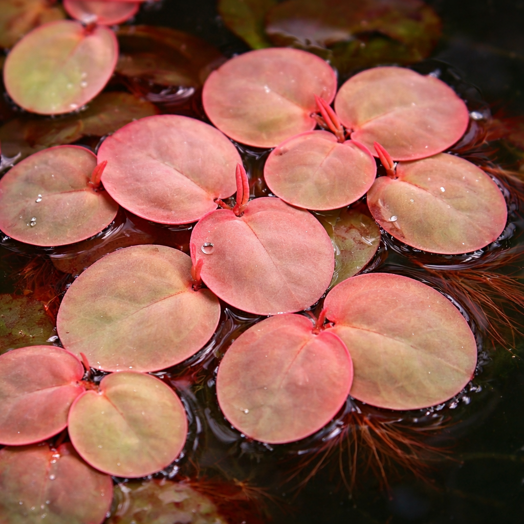 Close up of Red Root Floater (Phyllanthus fluitans) floating aquarium plant with round green leaves and vibrant red roots, ideal for freshwater aquariums and aquascapes.