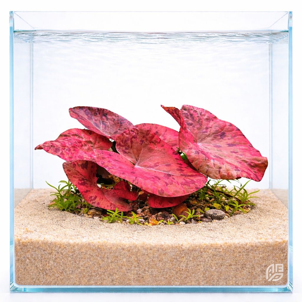 A healthy Red Tiger Lotus specimen showing its lily-like foliage and variegated red and green leaves, ideal as a focal point in a tropical aquarium.