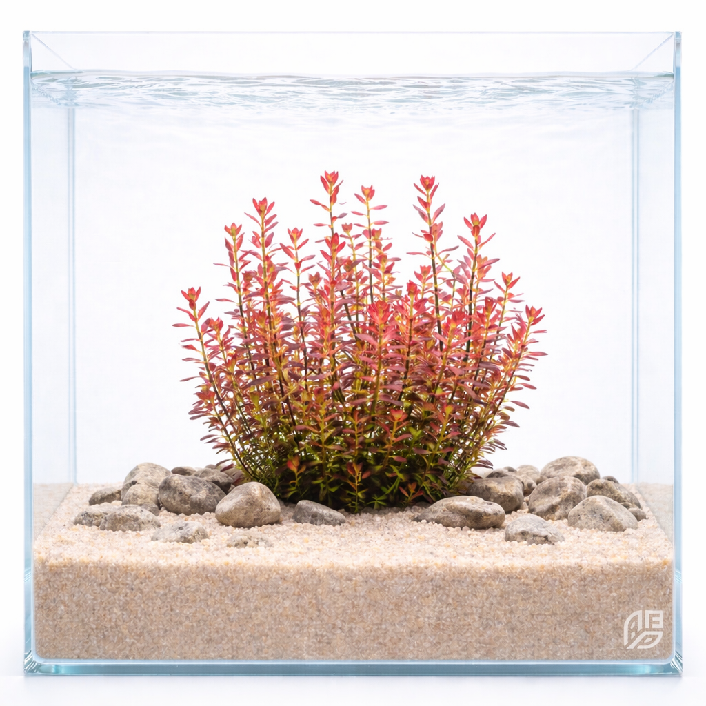 A dense bush of Rotala Florida planted in the midground of a high-tech freshwater aquarium, featuring intense magenta coloration and delicate, pointed leaves.