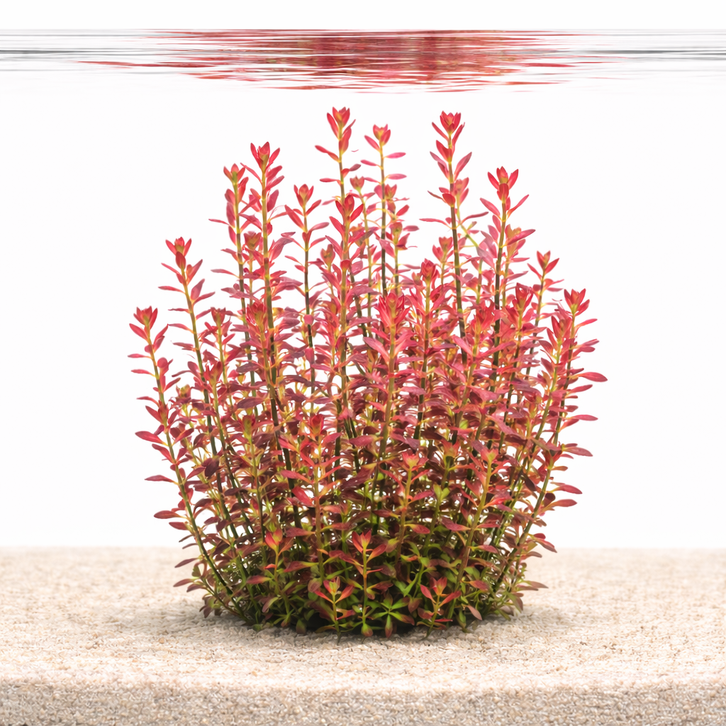 A close-up of Rotala Florida stems showing vibrant purple and deep pink leaves arranged in whorls, transitioning to light green at the base under bright aquarium lighting.