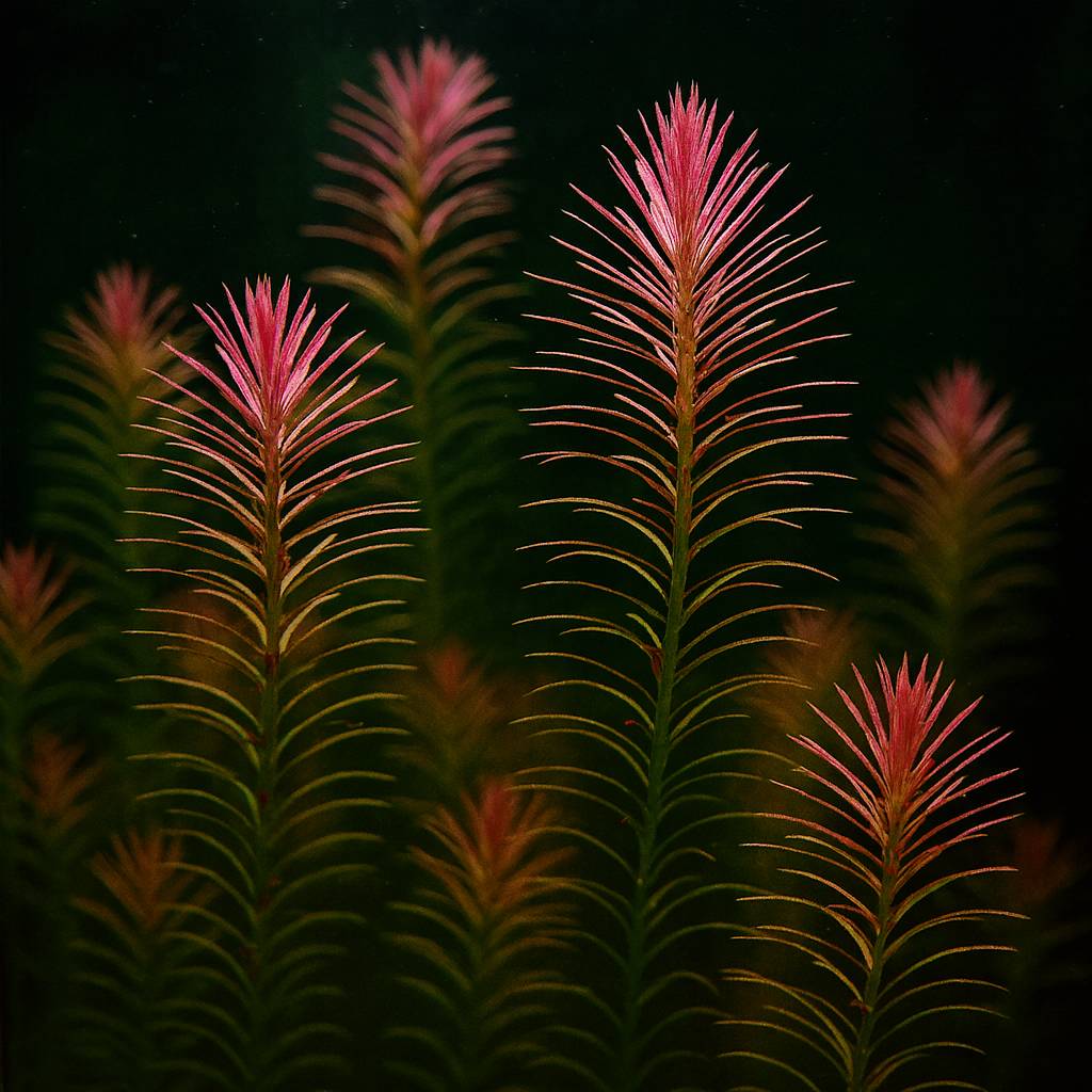 Rotala wallichii with fine red needle-like leaves in aquarium background