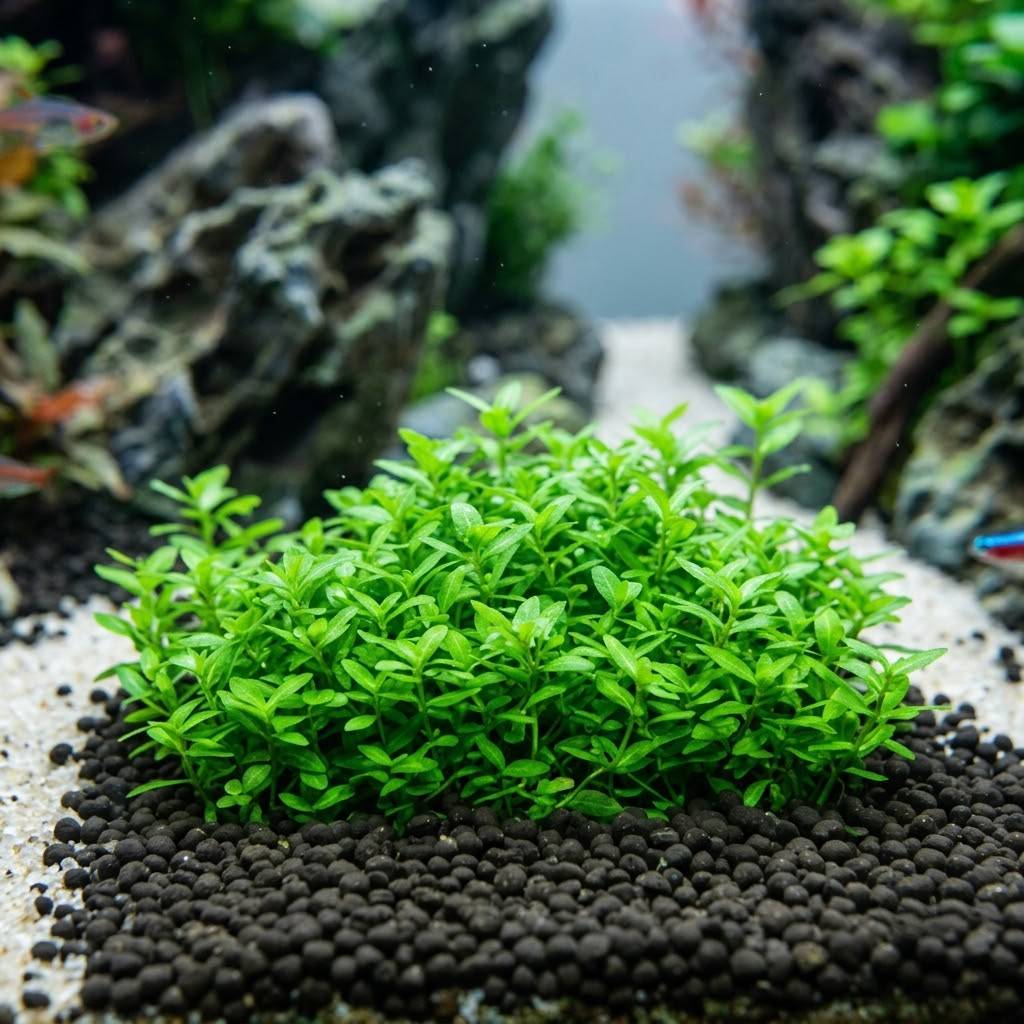 A small, dense cluster of bright green Staurogyne repens growing in a black gravel bed inside an aquarium, with blurred rocks and water in the background.