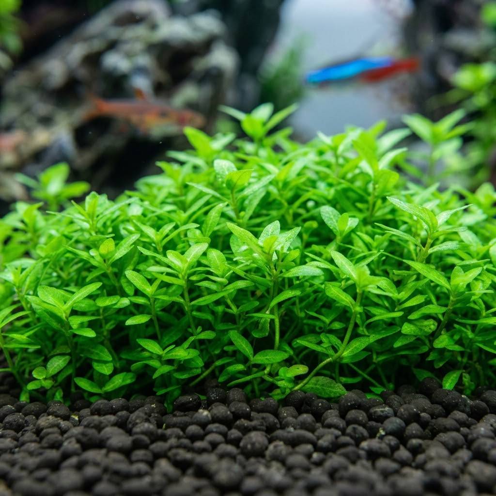 Staurogyne repens forming a dense bright green carpet in a planted freshwater aquarium
