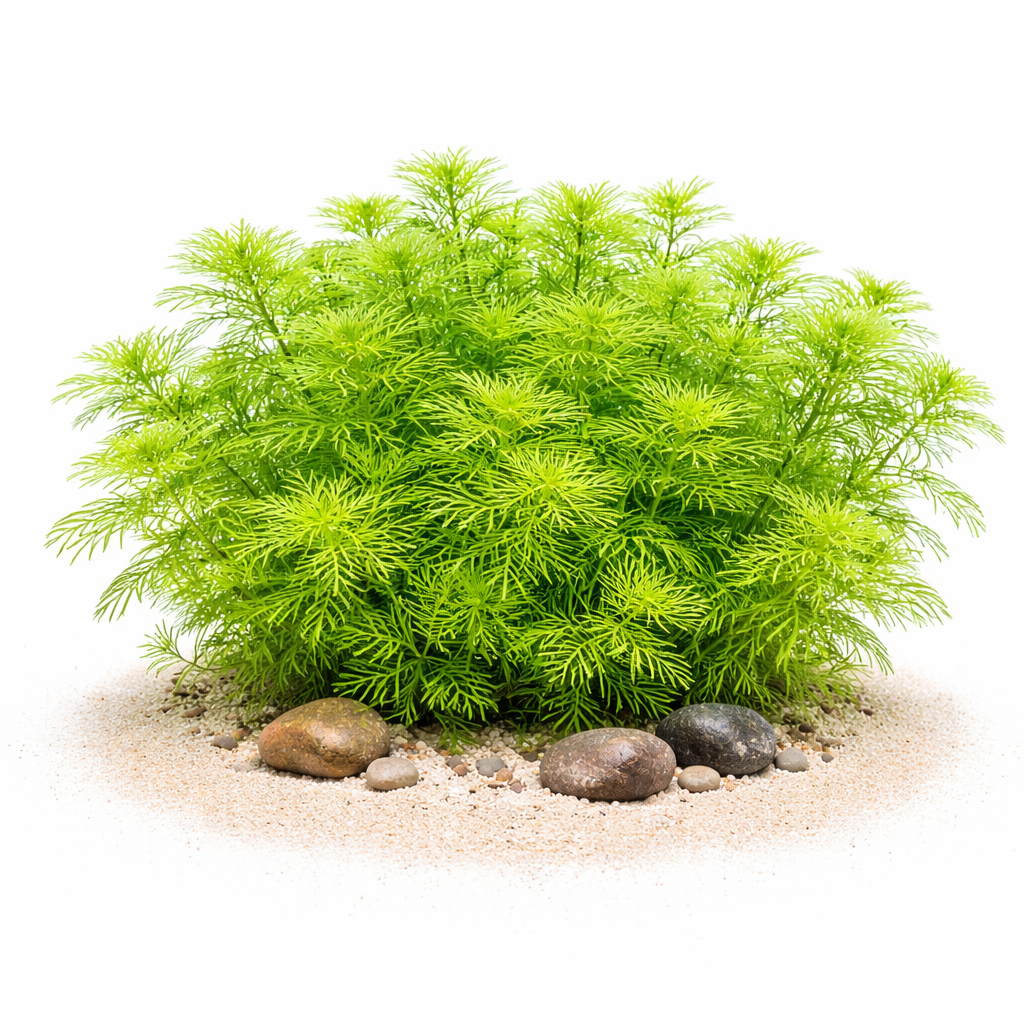 Myriophyllum mattogrossense showing lush, lime-green feathery fronds in a dense aquarium background.