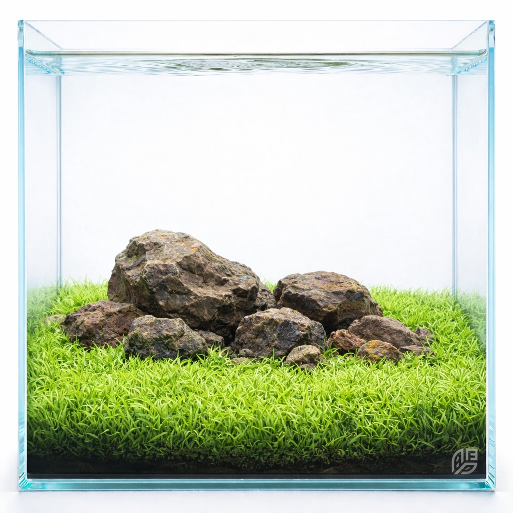 Utricularia graminifolia carpet aquascape with rocks in a glass aquarium creating a bright green foreground lawn on white background
